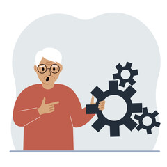 A man holds gears in his hand. Points a finger at the cogwheels. The concept of financial planning, movement, life, education or maintenance.