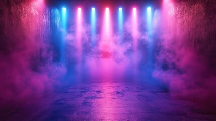 neonlit dark stage showcasing an empty room decorated with spotlights dramatic blue purple and pink lights creating a vibrant atmosphere ideal for a dance floor or product display