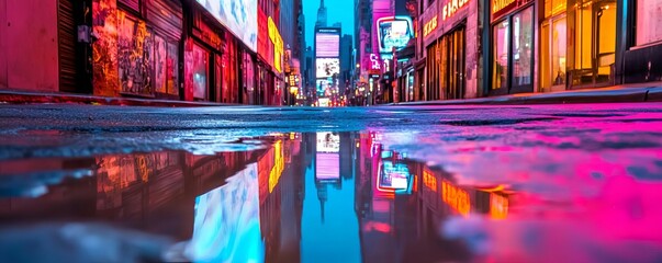 Obraz premium Desolate streets, holographic billboards malfunctioning, neon lights reflecting off puddles