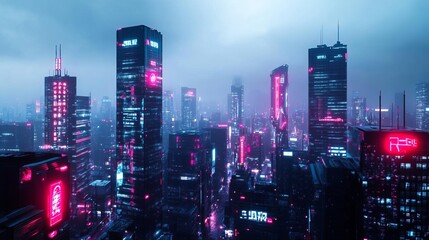 Fototapeta premium Dystopian cityscape, flickering neon lights, malfunctioning robots, overcast skies