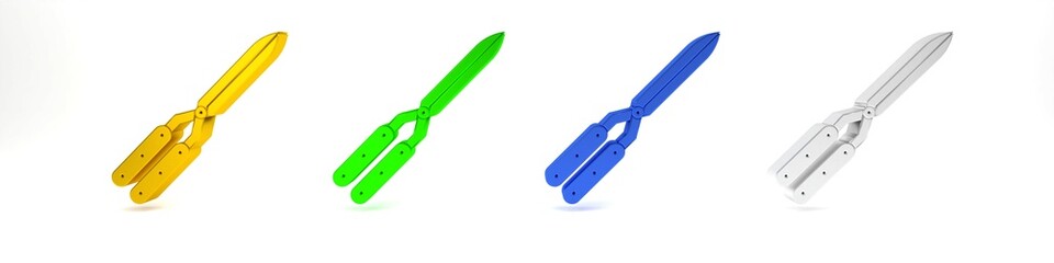 Colorful Gardening handmade scissors for trimming icon isolated on white background. Pruning shears with wooden handles. Minimalism concept. 3D render illustration