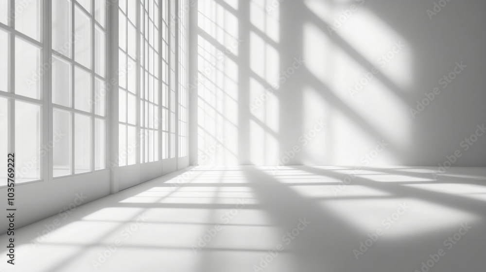 Poster sunlight streams through expansive windows, casting intricate shadow patterns across a pristine whit