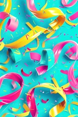 Fototapeta premium Energetic Abstract Birthday Background with Swirling Ribbons and Bold Confetti in Neon Colors