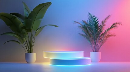 Fototapeta premium Futuristic neon-lit product display podium with tropical plants, creating a vibrant, modern aesthetic perfect for showcasing luxury items in a dreamy atmosphere.