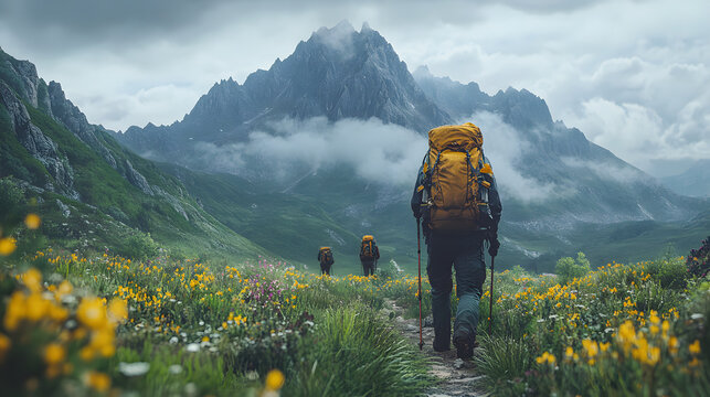 Group of hikers walking through a lush green valley surrounded by tall mountains. The hikers are carrying large backpacks, suggesting they are on a multi-day trek. 