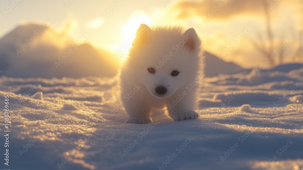 Wall mural Puppy Sunset Snow.