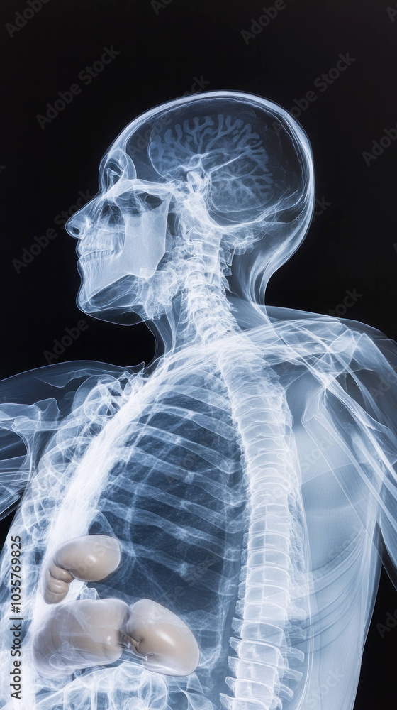 Poster anatomical x ray of human body showcasing skeletal structure, organs, and brain. this detailed image