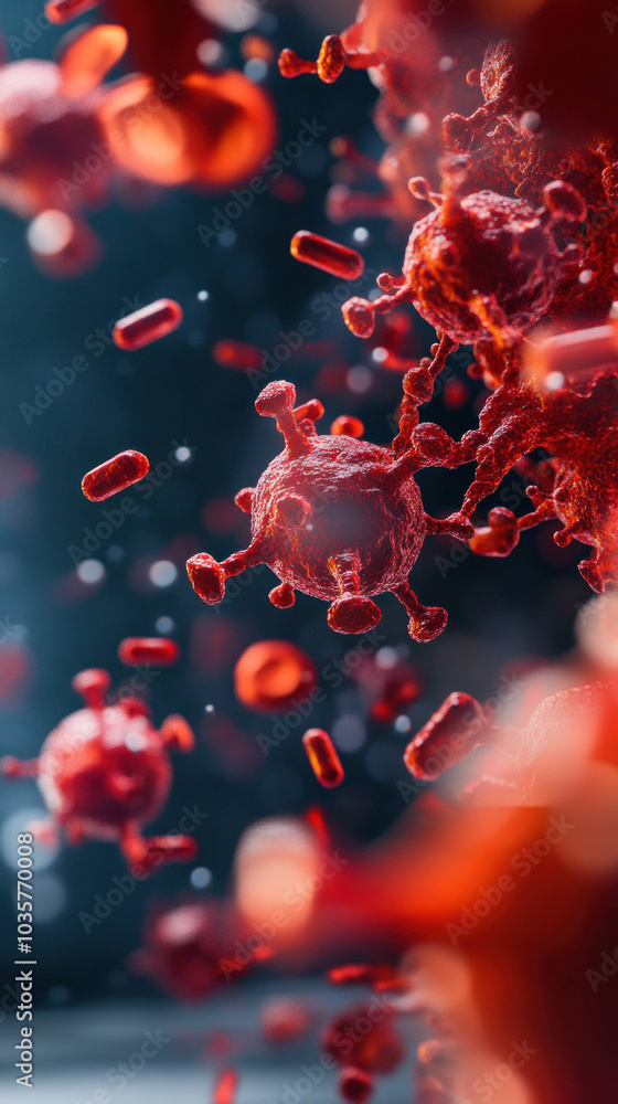 Poster close up view of red blood cells and antibodies interacting with viruses, showcasing dynamic nature 