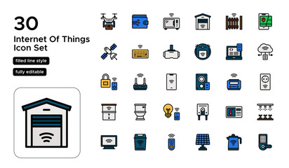 Internet of Things Filled Line Icon Set: Connected Devices, IoT Ecosystem, and Automation Icons
