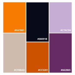 Six autumn colors, Halloween, a collection of vector color palettes with RGB codes. Fashion concept, brand layout. A guide to tone and color. Various color solutions.