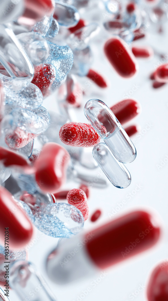 Poster Detailed close up of various capsules and pills in dynamic arrangement, showcasing mix of red and transparent colors, creating vibrant and energetic visual