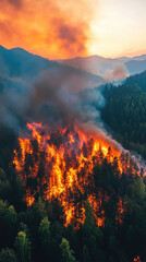 dynamic aerial view of forest ablaze, showcasing flames spreading through trees, with smoke billowing into sky. scene captures intensity and destruction of wildfire