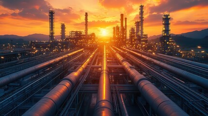 oil refinery silhouetted against a sunset pipes crisscrossing in a dramatic display of industrial strength and energy production