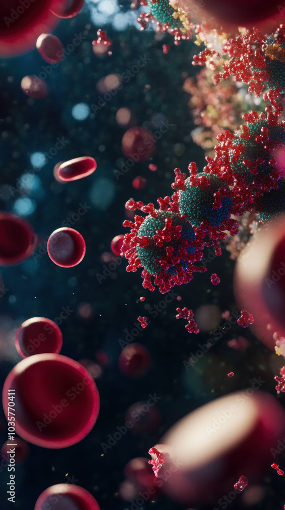 Poster Macro shot of blood cells with antibodies targeting pathogens, showcasing intricate details of immune response. vibrant colors highlight dynamic interaction in bloodstream