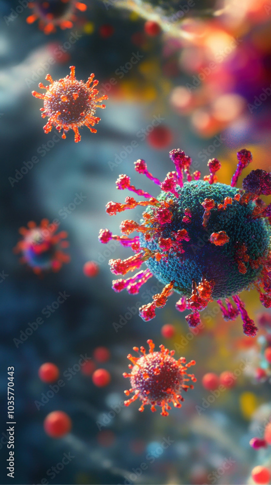 Fototapete Vibrant macro shot of colorful virus particles with intricate details, showcasing their structure and surrounding environment. image captures complexity of viral forms