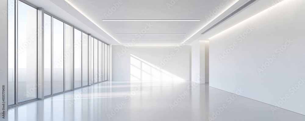 Poster modern office hallway with large windows and bright lighting, creating spacious and airy atmosphere.