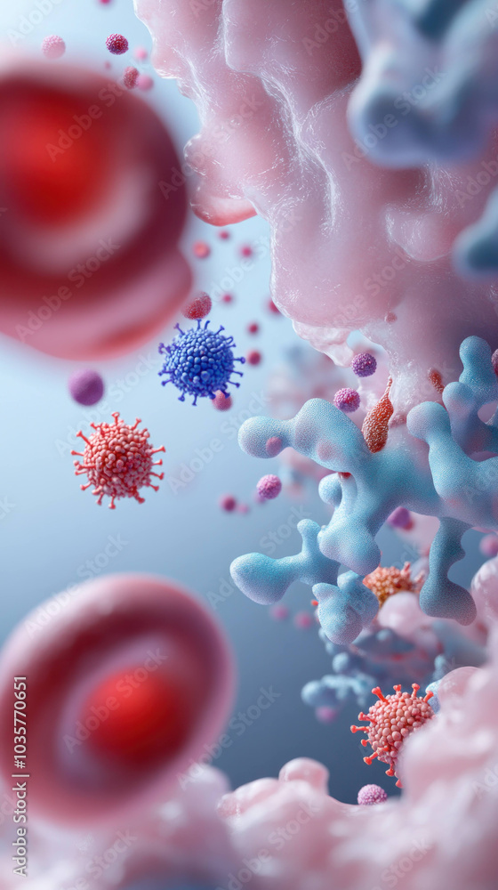 Poster Macro shot of blood cells and antibodies interacting in vibrant, colorful environment. This captures intricate details of cellular structures and their dynamic interactions