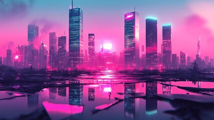 Obraz premium Futuristic skyscrapers, decaying structures, neon lights reflecting off broken glass