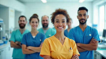Nurse in yellow scrubs standing in front of a diverse group of healthcare professionals in a hospital. Smiling Nurse Leading Multicultural Medical Team in Hospital