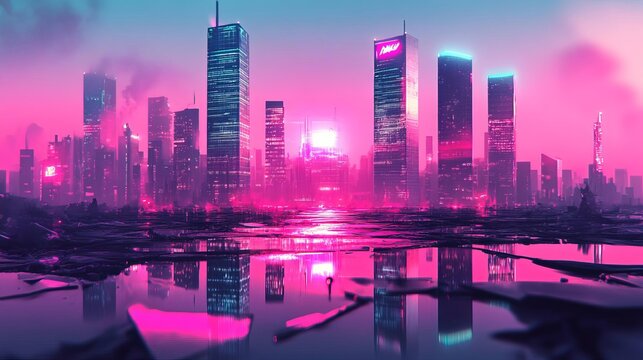 Futuristic skyscrapers, decaying structures, neon lights reflecting off broken glass