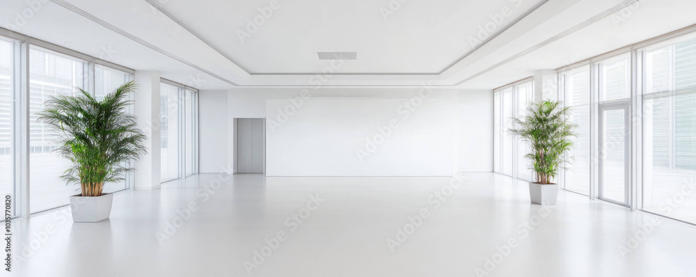 Poster spacious and modern office with smooth white ceiling, large windows, and green plants creating fresh