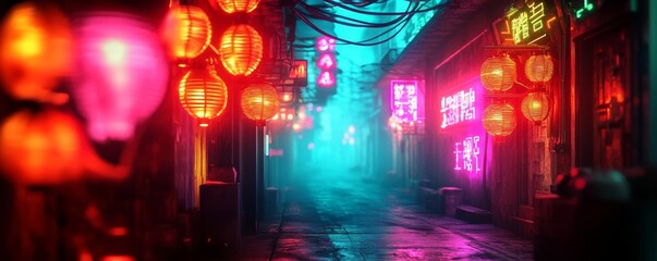 Obraz premium Futuristic slums, dark alleyways filled with flickering neon lights, malfunctioning tech