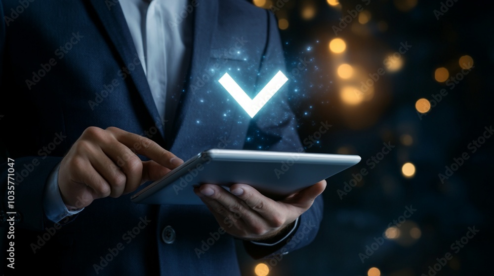 Poster businessman using digital tablet with glowing checkmark, symbolizing task completion and digital eff
