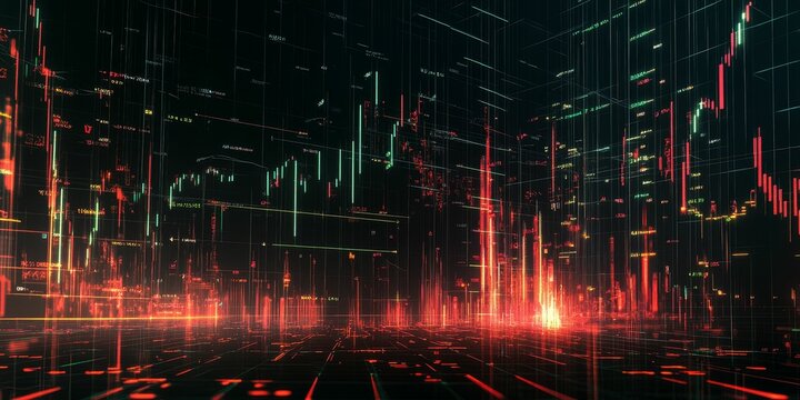 Digital city skyline with glowing red and green lines.