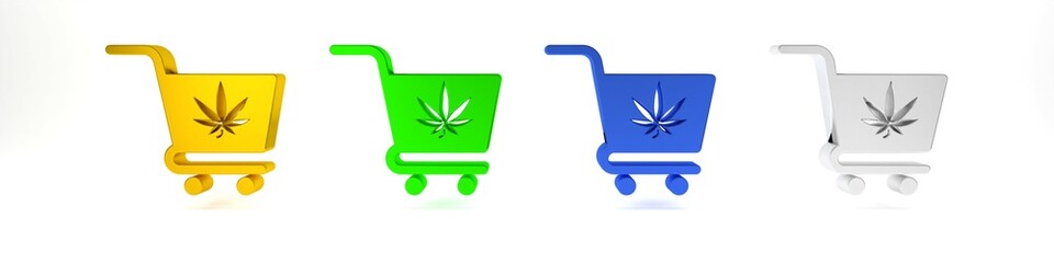 Colorful Shopping cart with marijuana or cannabis leaf icon isolated on white background. Online buying. Delivery service. Supermarket basket. Minimalism concept. 3D render illustration © vector_v