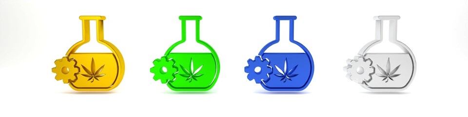 Colorful Chemical test tube with marijuana or cannabis leaf icon isolated on white background. Research concept. Laboratory CBD oil concept. Minimalism concept. 3D render illustration