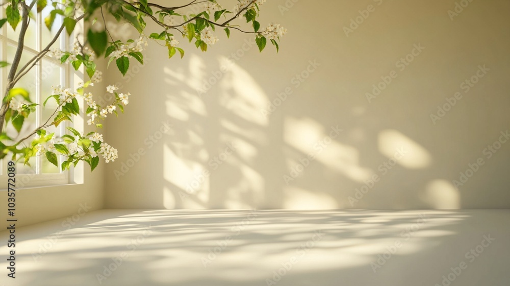 Poster sunlight casts delicate shadows of blooming branches on a pristine white wall, creating a serene int