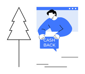 Male character in blue holds a cashback sign within a browser window. On the left, minimalistic tree outline. Ideal for cashback offers, online shopping, customer rewards, website design, financial