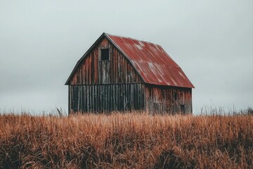 Fototapeta premium An Old Wooden Barn with a Rusty Red Roof in a Field of Dry Grass