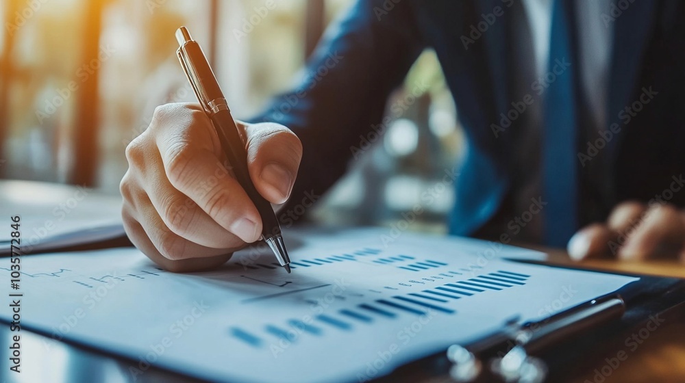Poster close-up of businessman's hand analyzing financial report with pen, focusing on graph data. sunlight