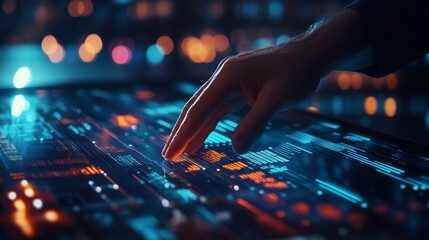 Hand touching futuristic digital interface with glowing lights and data visualizations, concept of technology interaction and data analysis.