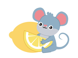 Mouse with food. Cute rodent sitting with slice of lemon. Grey rodent with eating. Domestic animal. Gray toy or mascot. Flat vector illustration