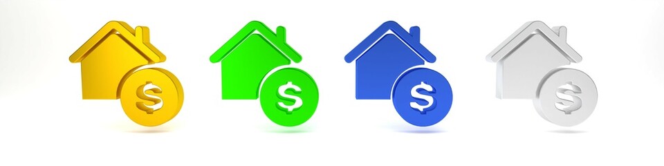 Colorful House with dollar symbol icon isolated on white background. Home and money. Real estate concept. Minimalism concept. 3D render illustration