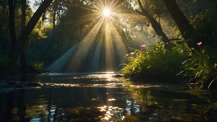 sunset over the river in forest