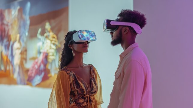 A couple exploring augmented reality art installations in a digital art museum using AR glasses, Modern lifestyle scene, AR art exploration style