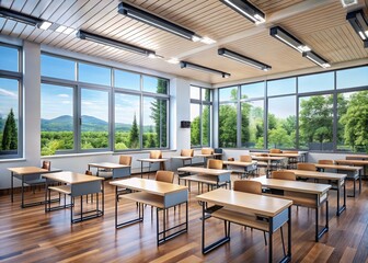Obraz premium Modern Air Conditioning System in Spacious Classroom with Glass Windows and Wooden Desks - Long Exposure Photography