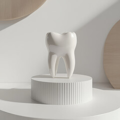 3D render of tooth stands elegantly in minimalist studio setting, showcasing its smooth, glossy surface. neutral tones and soft lighting create serene atmosphere