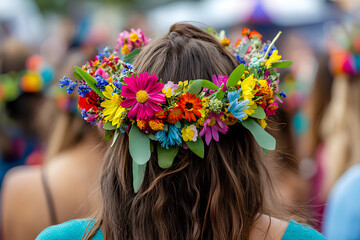 Naklejka premium Vibrant flower crowns with blooming wildflowers worn by festival-goers during a lively spring festival 