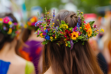 Naklejka premium Vibrant flower crowns with blooming wildflowers worn by festival-goers during a lively spring festival 