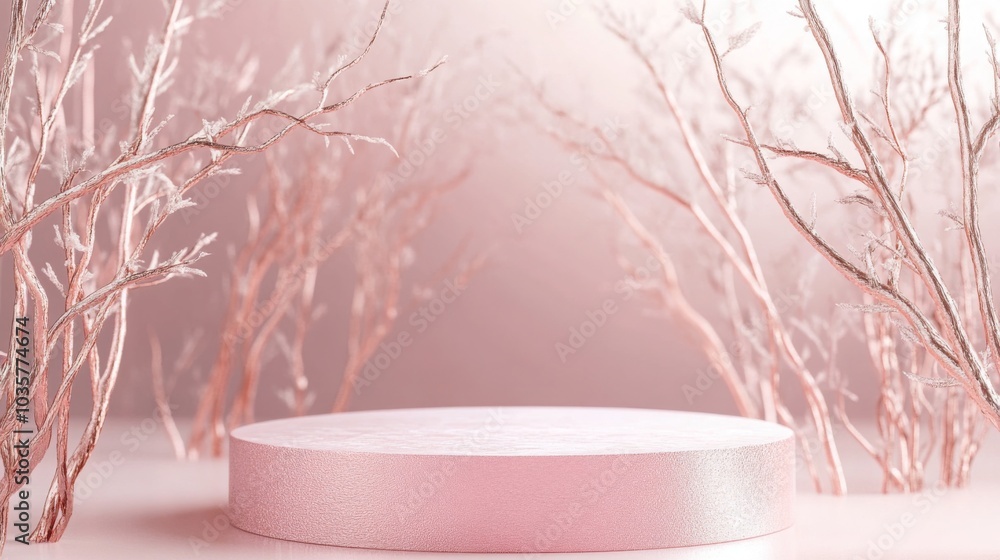 Poster a circular pink pedestal sits gracefully in a soft pastel setting, framed by slender, frosted branch