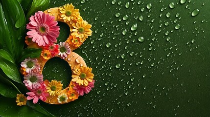 Vibrant gerbera daisies form number eight on green leaf with water droplets, symbolizing International Women's Day. Fresh spring concept for March 8th celebration.