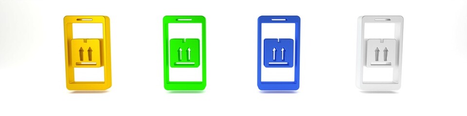 Colorful Mobile smart phone with app delivery tracking icon isolated on white background. Parcel tracking. Minimalism concept. 3D render illustration