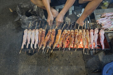 Chicken pikes on a grill in Hanoi-Vietnam. Typical asian street food.