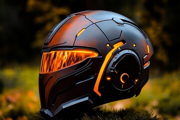 A futuristic helmet in rust-colored metal, with glowing orange accents