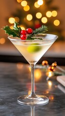 Classic martini with a festive twist, garnished with holly and mistletoe