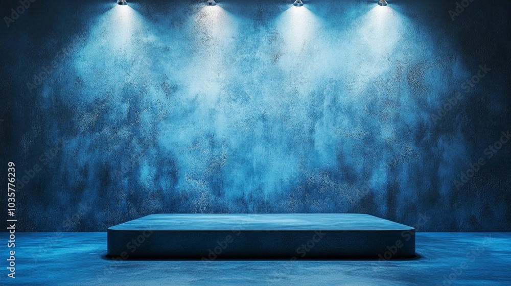 Poster dramatic blue stage illuminated by spotlights, featuring a rectangular platform against a textured b